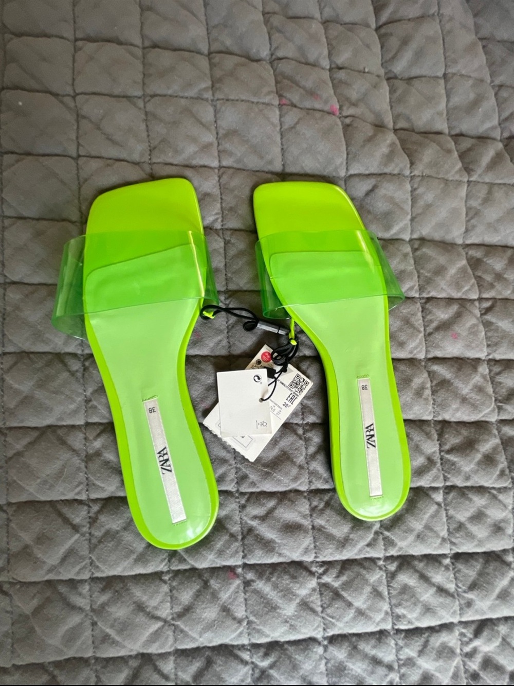 ZARA Neon Lime Slide Sandals with Clear Strap